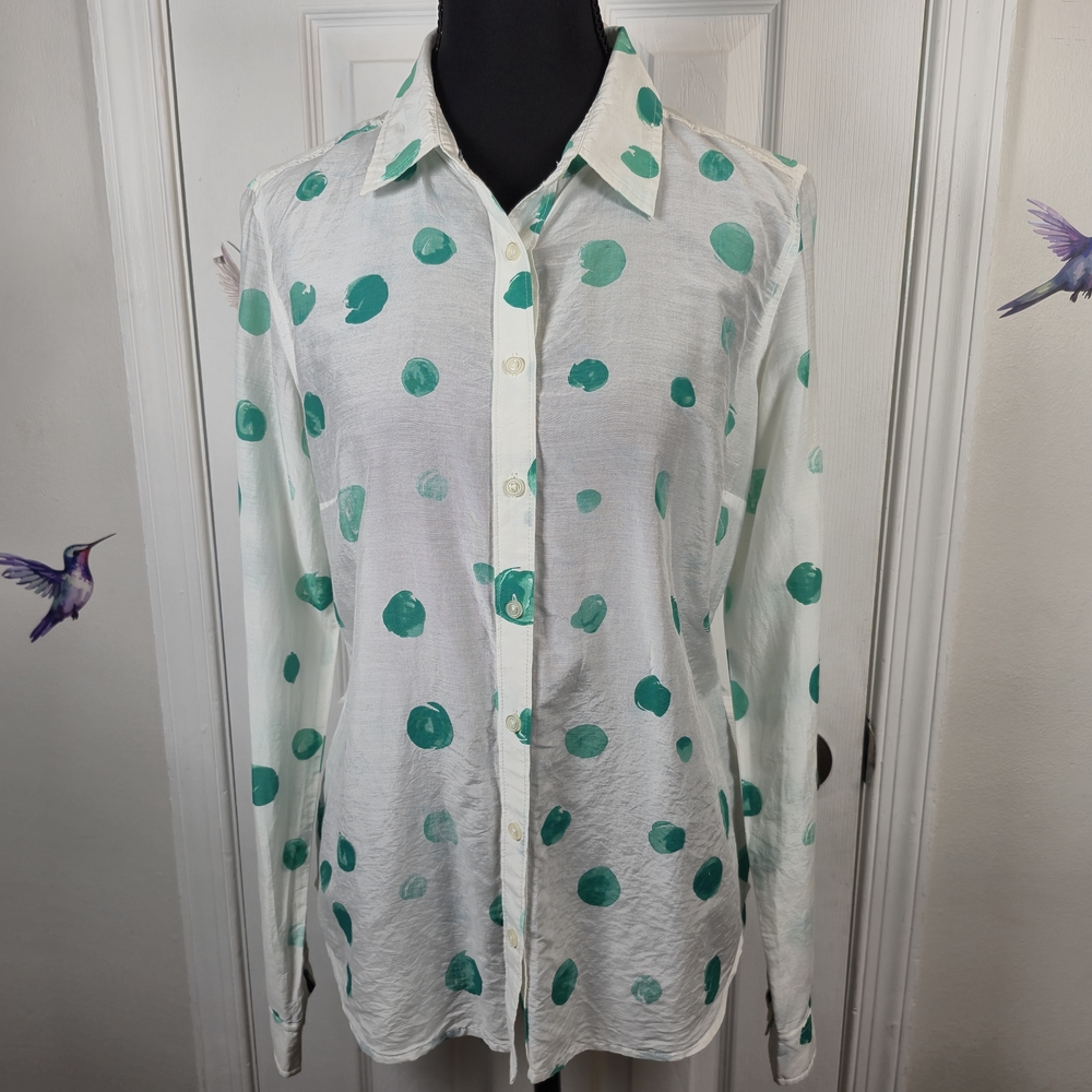 JCP Silk Blend Watercolor Polka Dot Button Down Shirt Teal White Medium - Picture 3 of 7